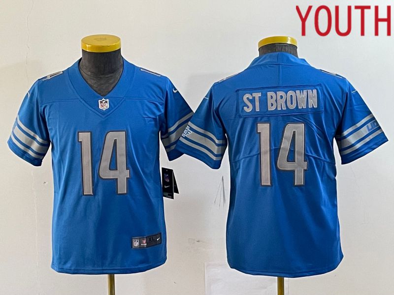 Youth Detroit Lions #14 St Brown Blue 2023 Nike Vapor Limited NFL Jersey style 1